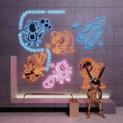  潮流霓虹灯 打卡拍照摄影墙 宇航员霓虹灯su模型 