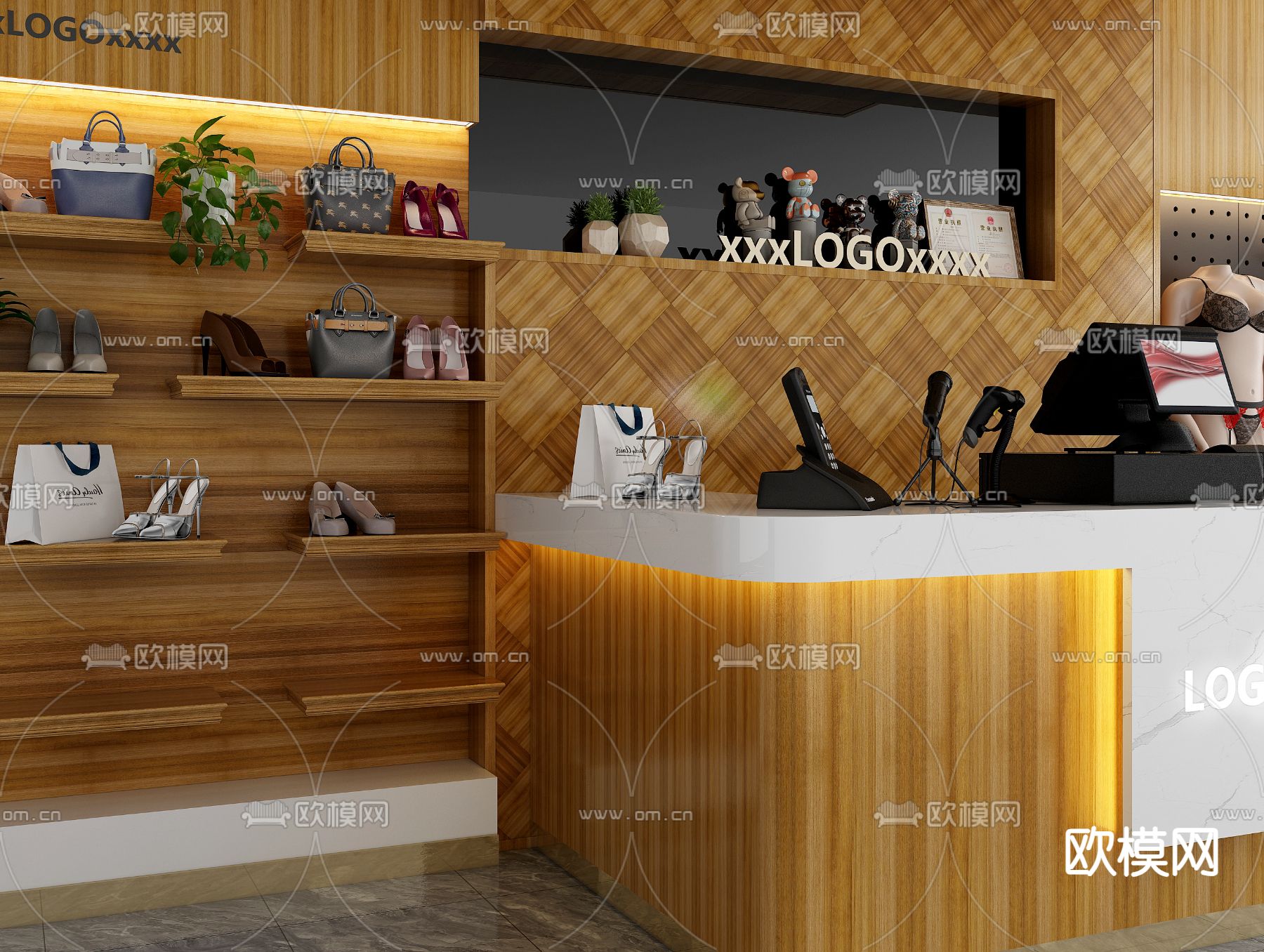 现代服装店收银台 展柜货架3d模型下载（渲染图2）