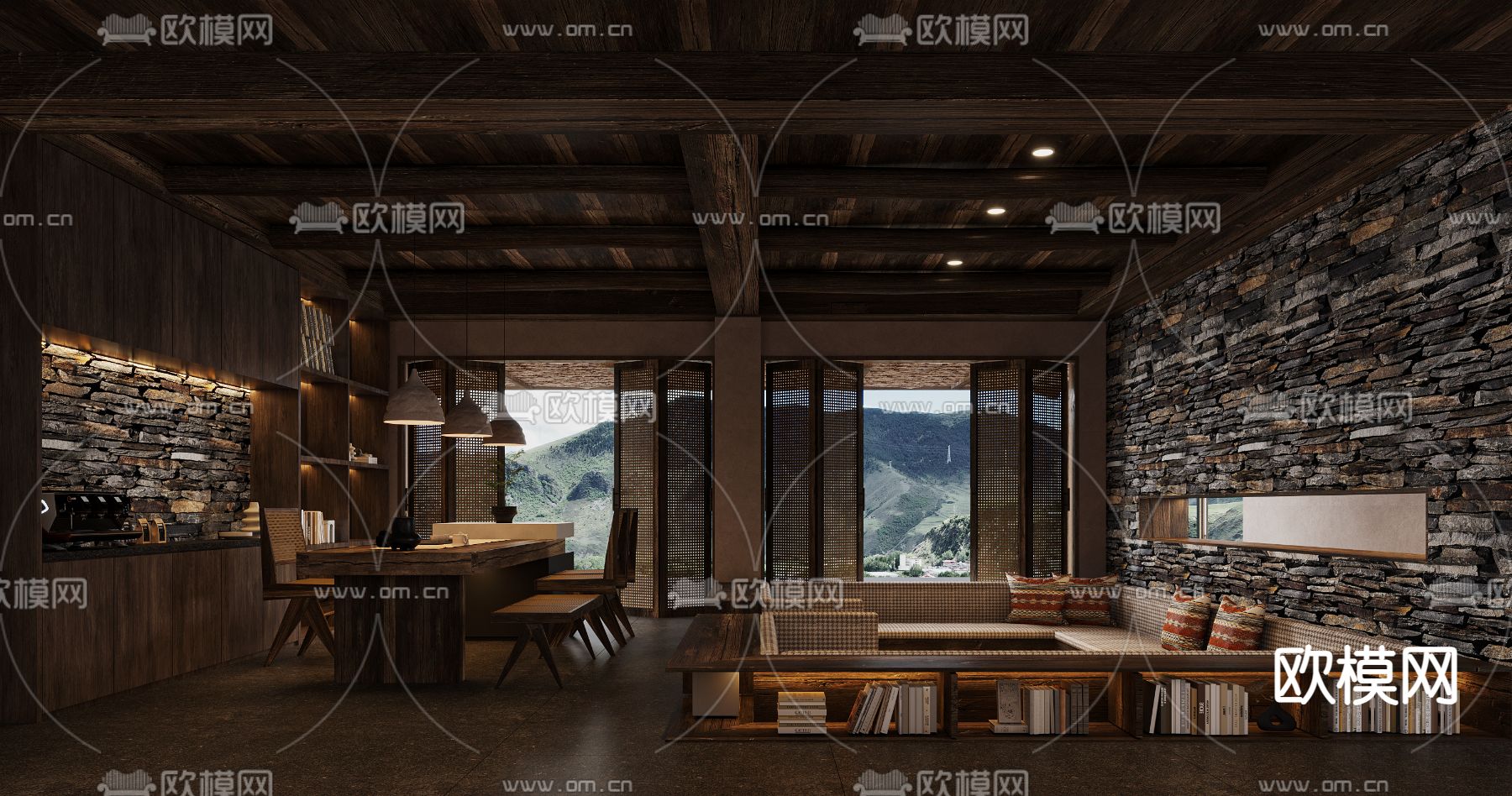 侘寂风民宿 客餐厅3d模型下载（渲染图1）