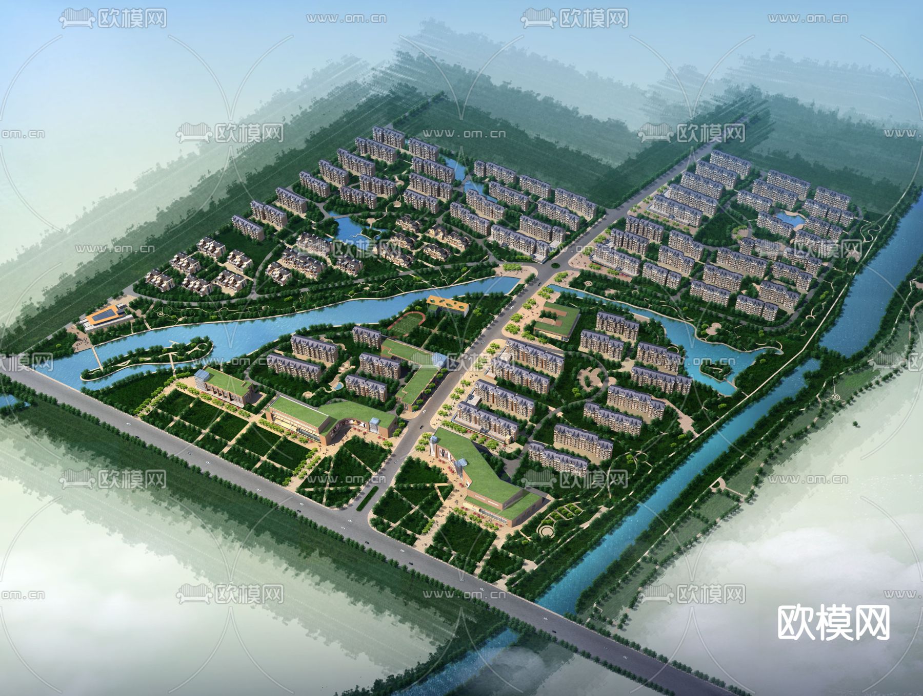 现代小区规化 住宅鸟瞰3d模型下载