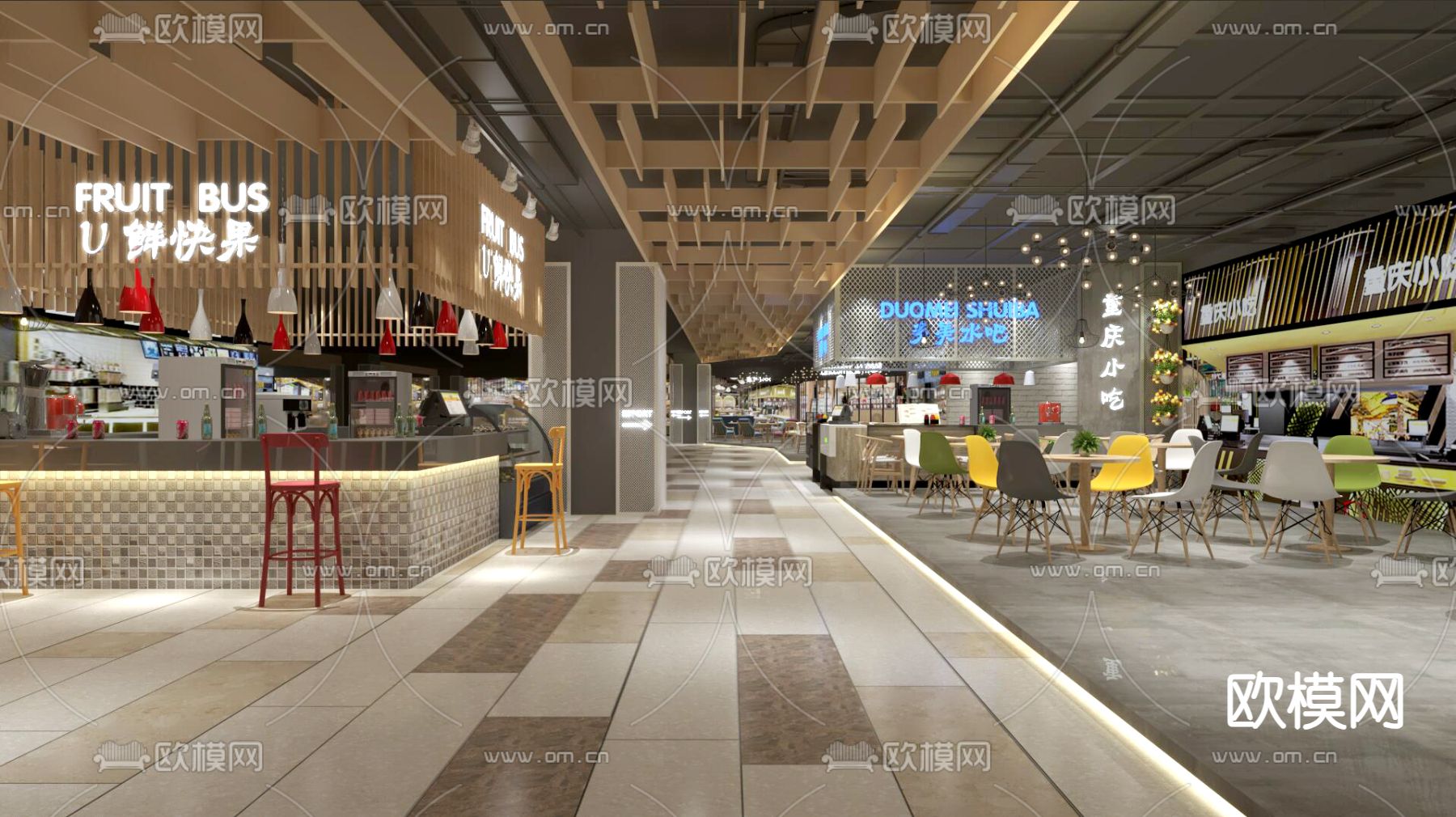 美食城 美食街 商场餐饮3d模型下载（渲染图1）