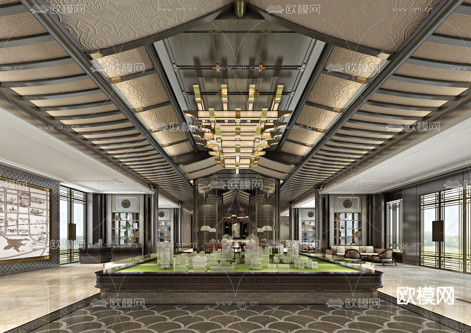 新中式售楼处 沙盘区3d模型下载（渲染图1）