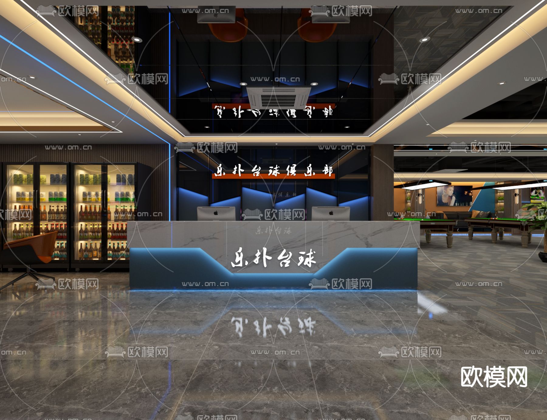 现代桌球室 台球室3d模型下载（渲染图3）