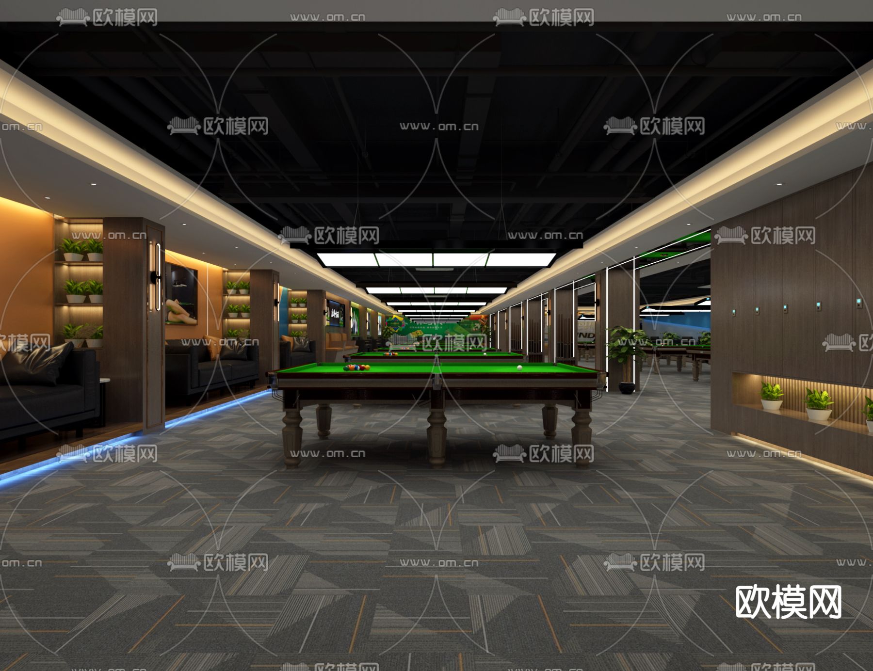 现代桌球室 台球室3d模型下载（渲染图2）