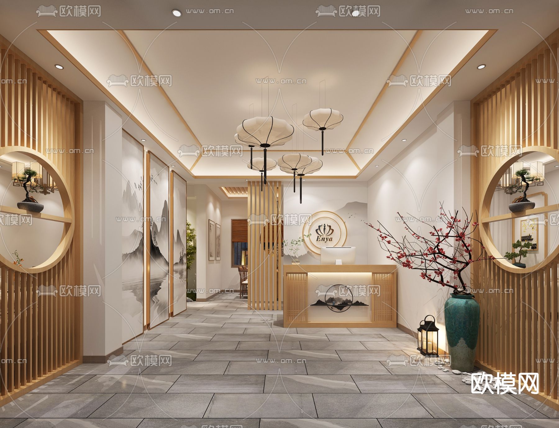 新中式美容院 前台前厅3d模型下载（渲染图2）