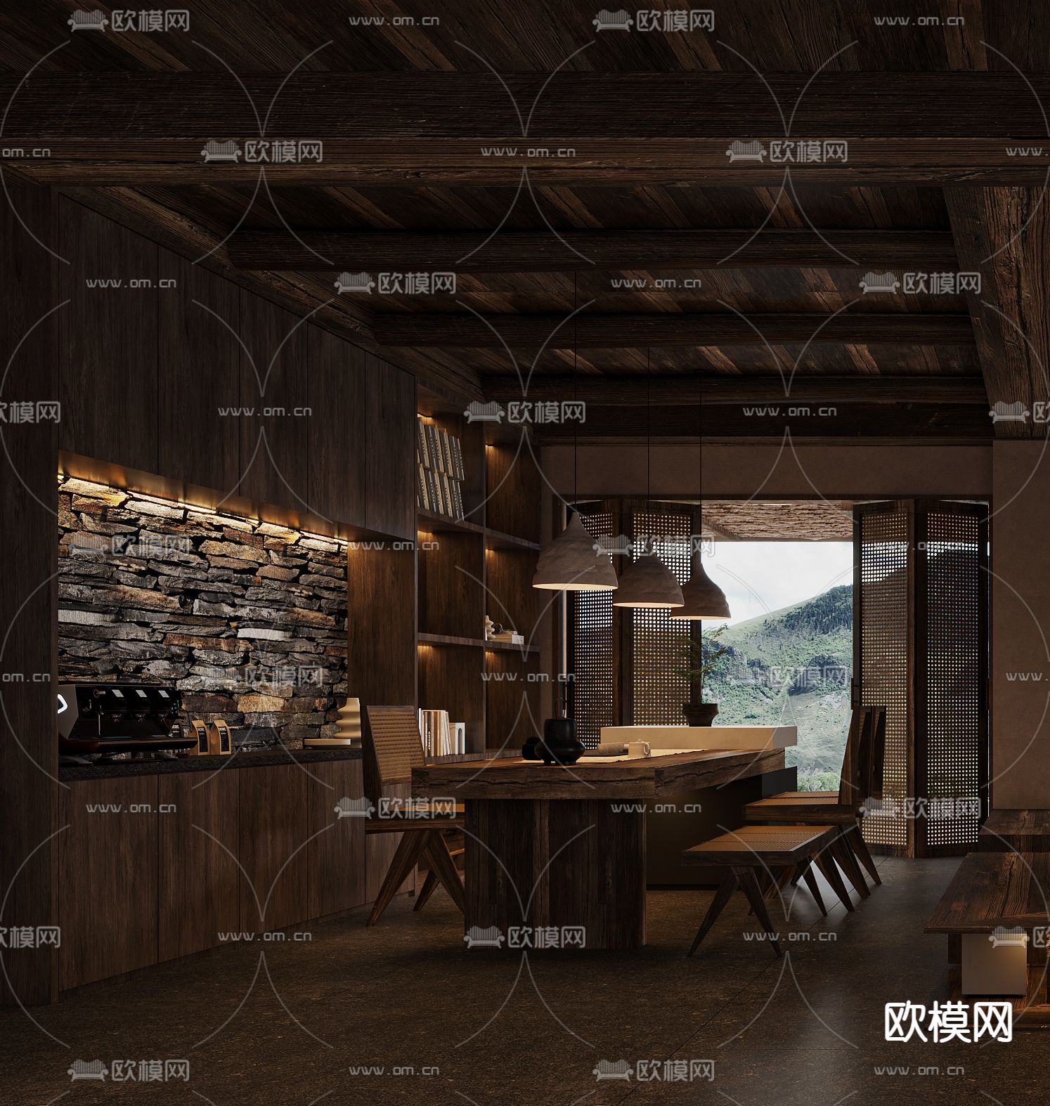 侘寂风民宿 客餐厅3d模型下载（渲染图3）