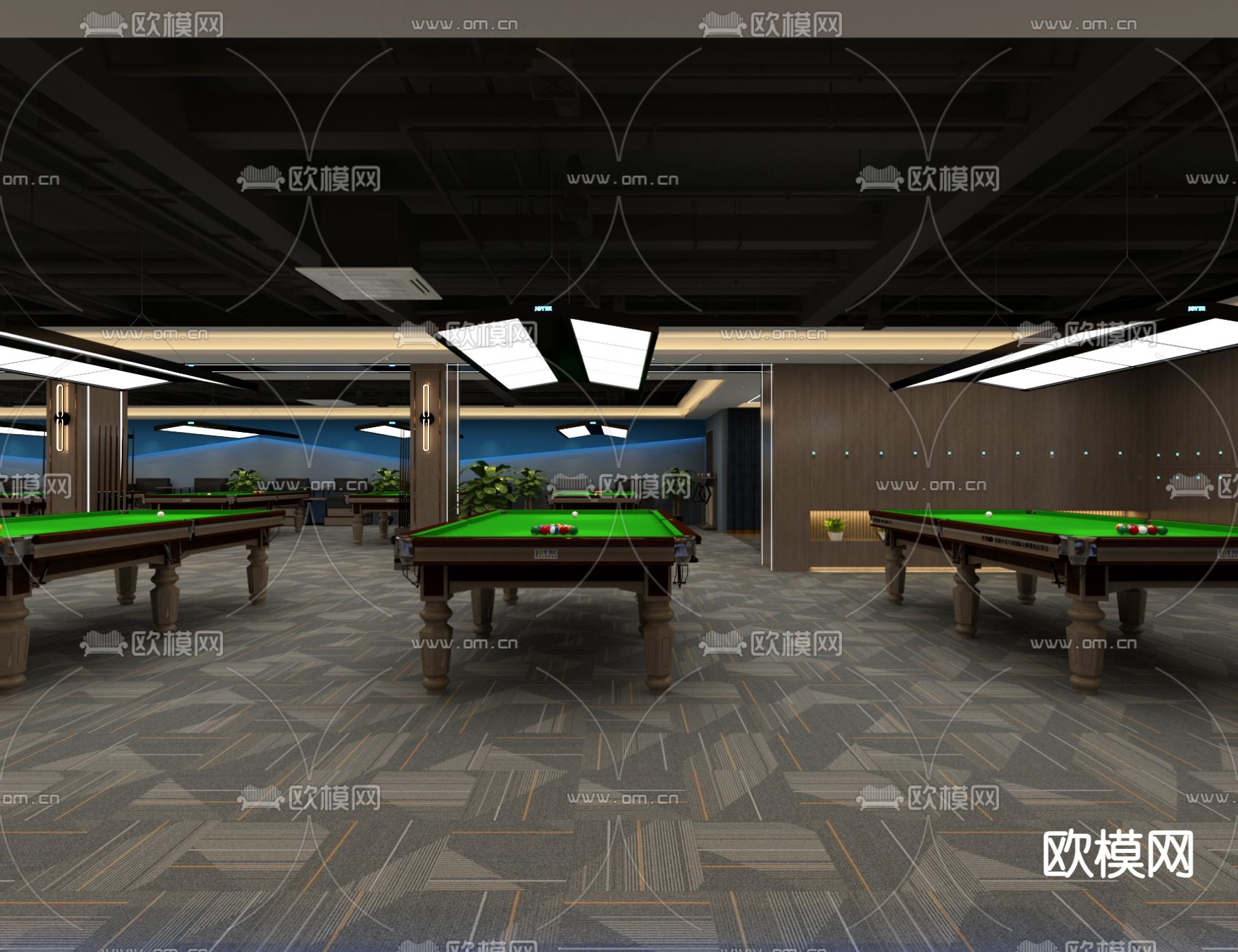 现代桌球室 台球室3d模型下载（渲染图1）