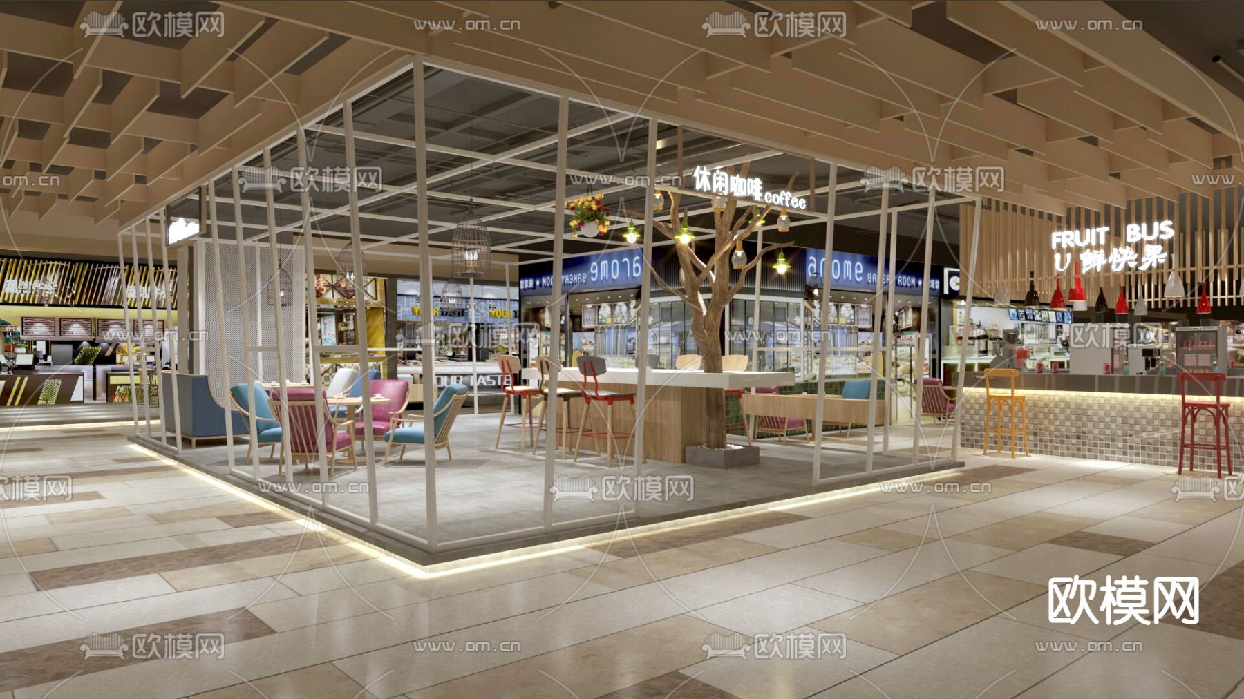 美食城 美食街 商场餐饮3d模型下载（渲染图2）