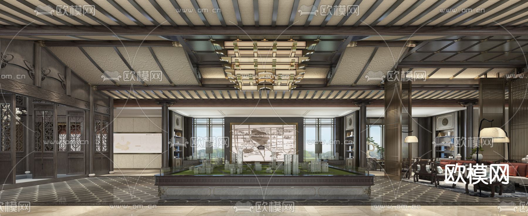 新中式售楼处 沙盘区3d模型下载（渲染图2）