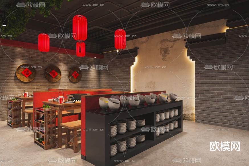 新中式火鍋店 火鍋餐廳3d模型下載(渲染圖2)
