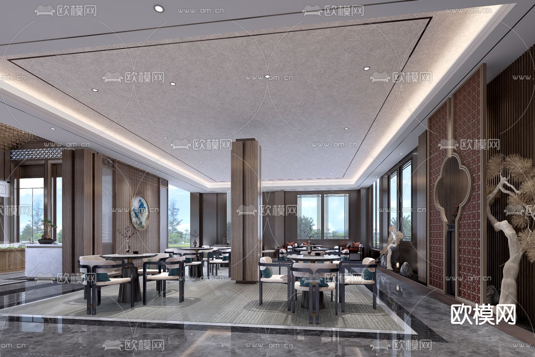 新中式售楼处 洽谈区3d模型下载（渲染图1）