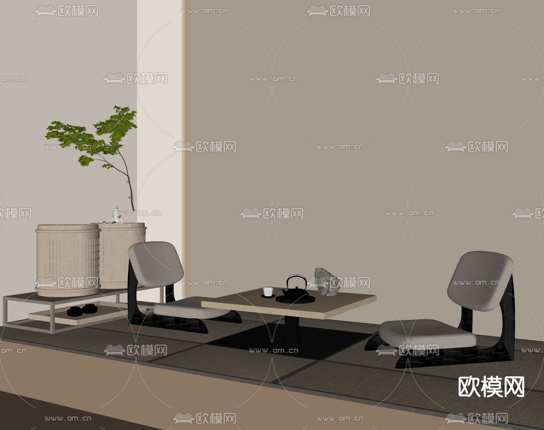 日式榻榻米茶桌椅 边柜 花艺su模型下载（渲染图1）