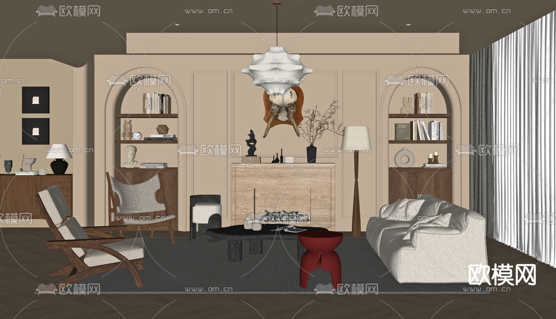 中古风客厅su模型下载（渲染图2）