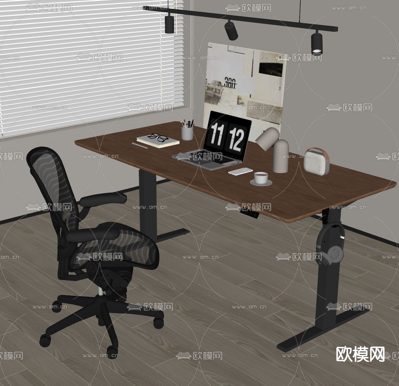 现代书桌椅 升降桌su模型下载（渲染图1）