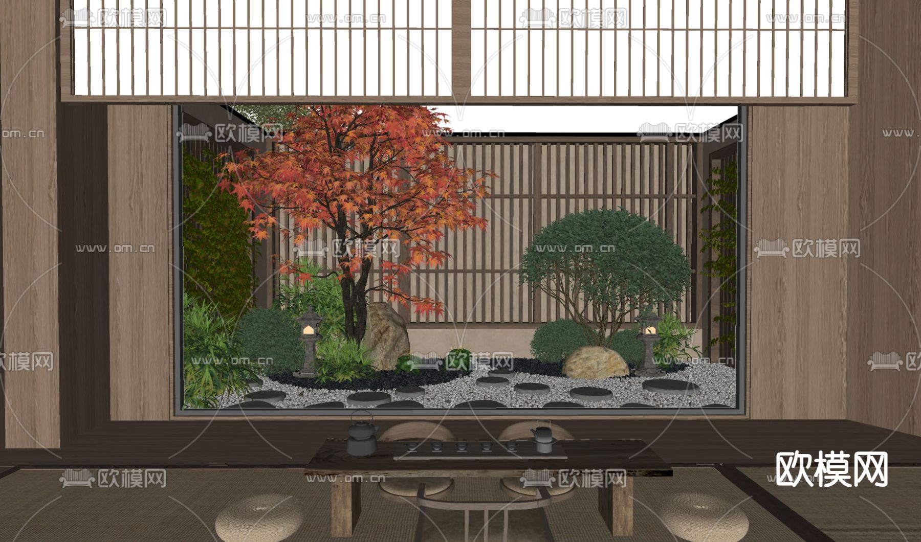 日式天井 禅意庭院 景观小品su模型下载（渲染图1）