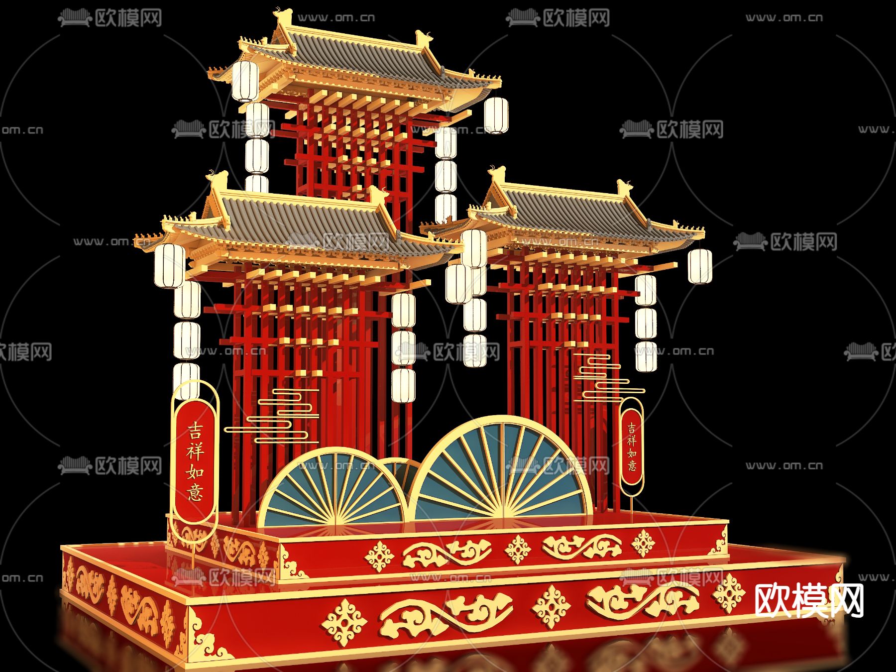 新中式网红美陈 户外装置 演绎舞台su模型下载（渲染图1）