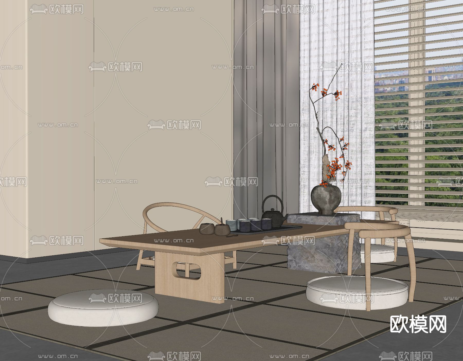 日式茶桌椅su模型下载（渲染图2）