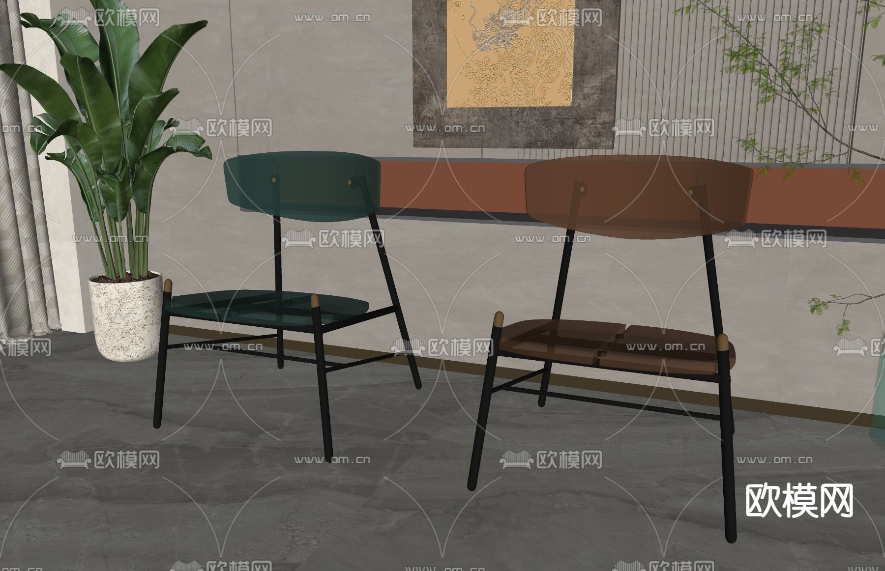 新中式椅子 亚克力餐椅su模型下载（渲染图2）