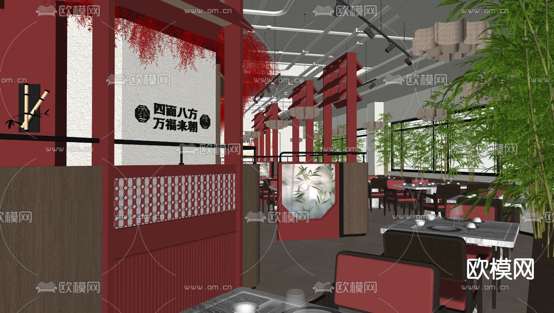 新中式餐饮大厅 卡座su模型下载（渲染图1）