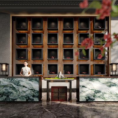  新中式接待前台 服务台su模型 