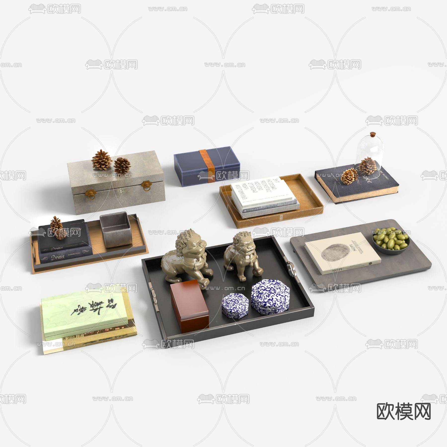 新中式托盘摆件 装饰品 书籍su模型下载（渲染图2）