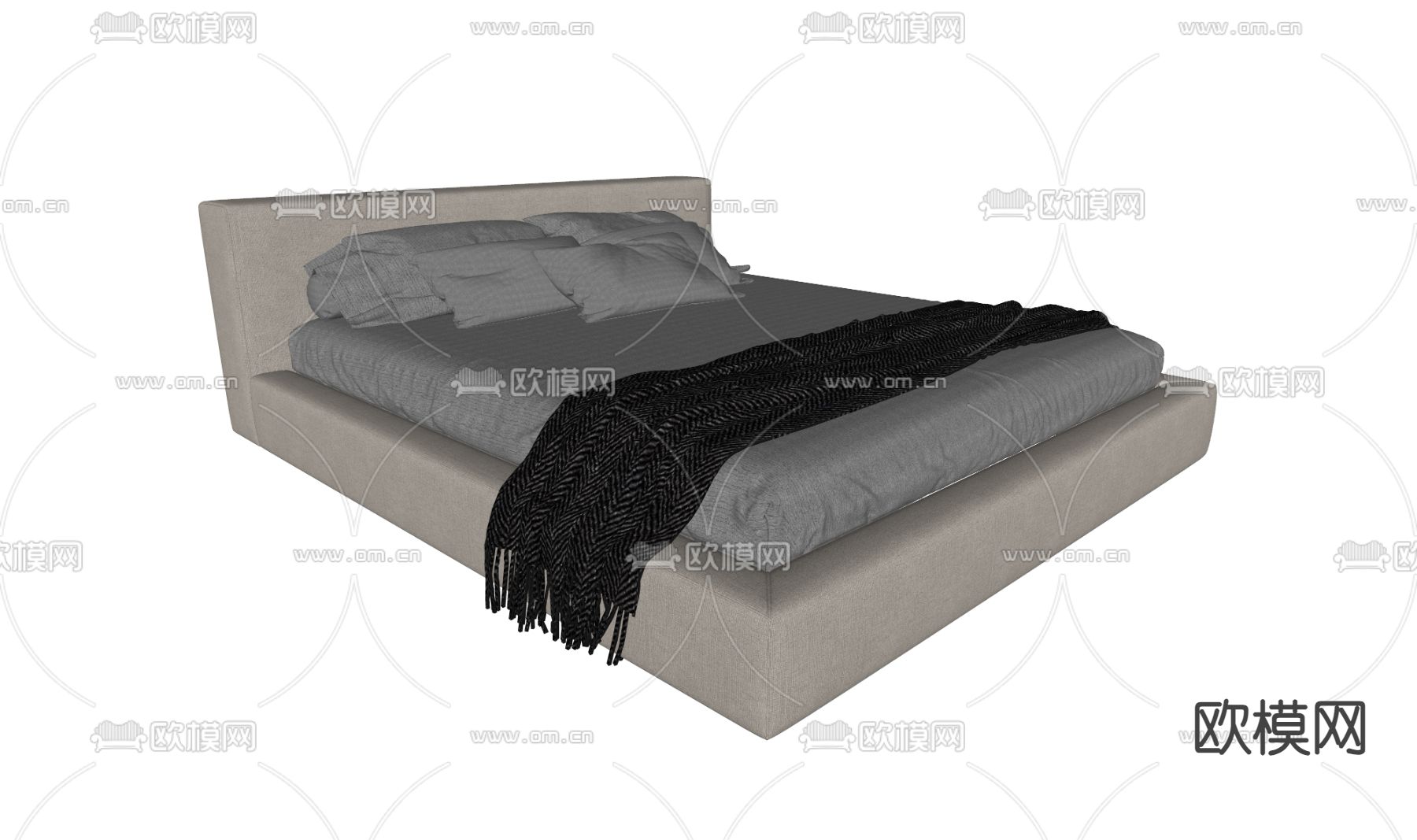 现代双人床su模型下载（渲染图1）
