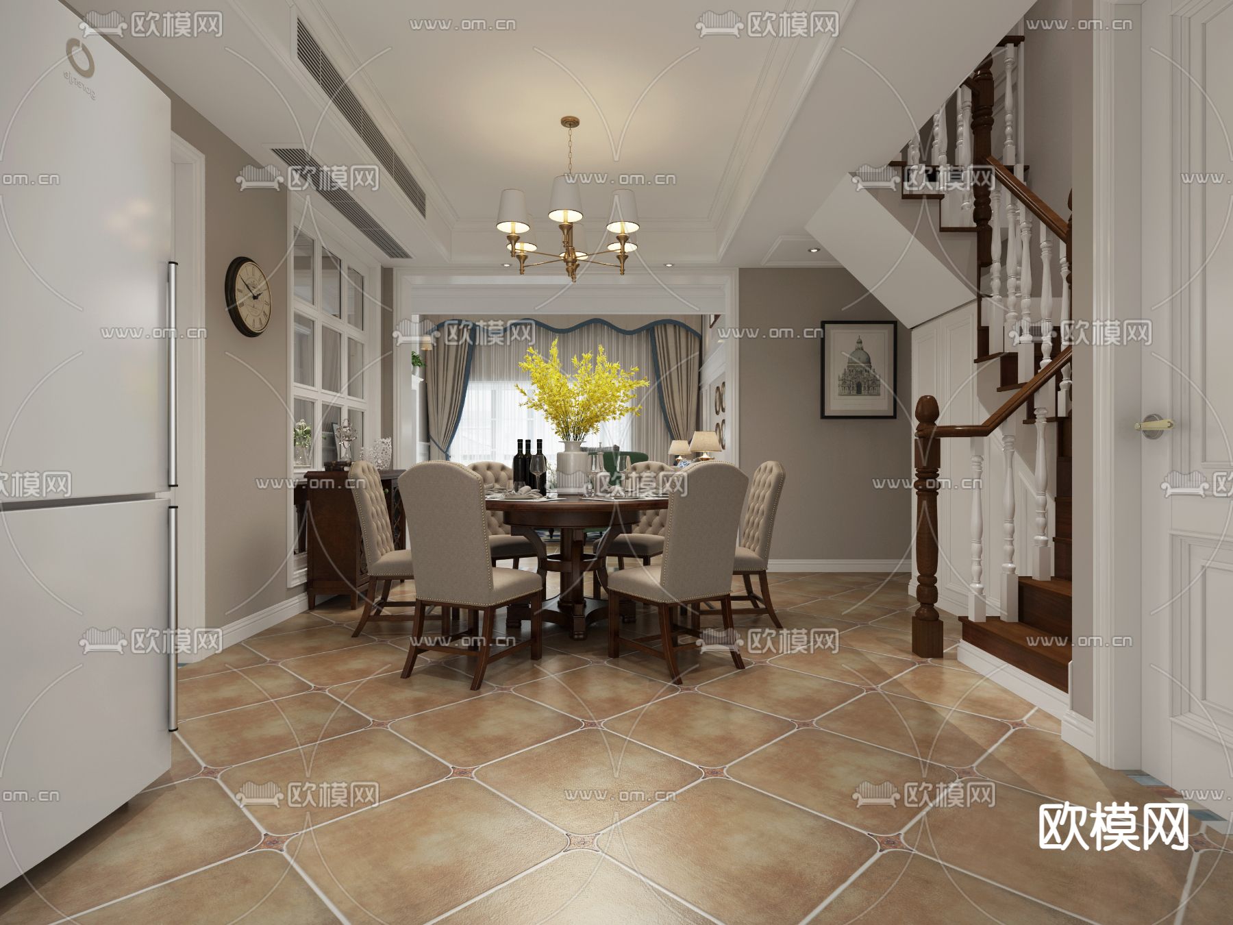 美式客餐厅 圆形餐桌3D模型下载（渲染图1）