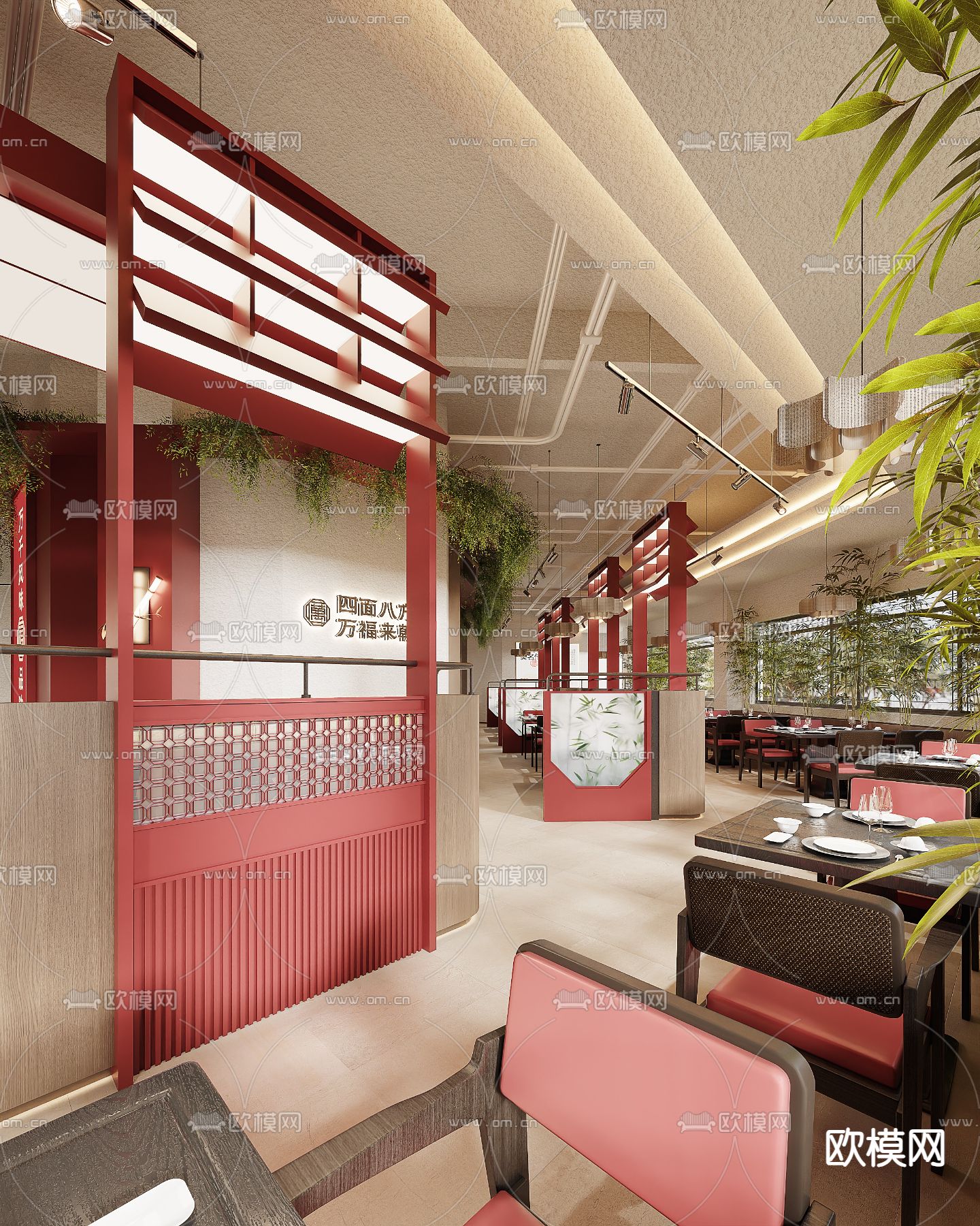 新中式餐饮大厅 卡座su模型下载（渲染图2）