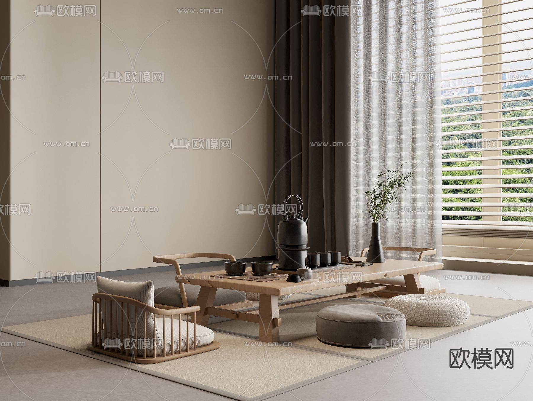 日式茶桌椅su模型下载（渲染图1）
