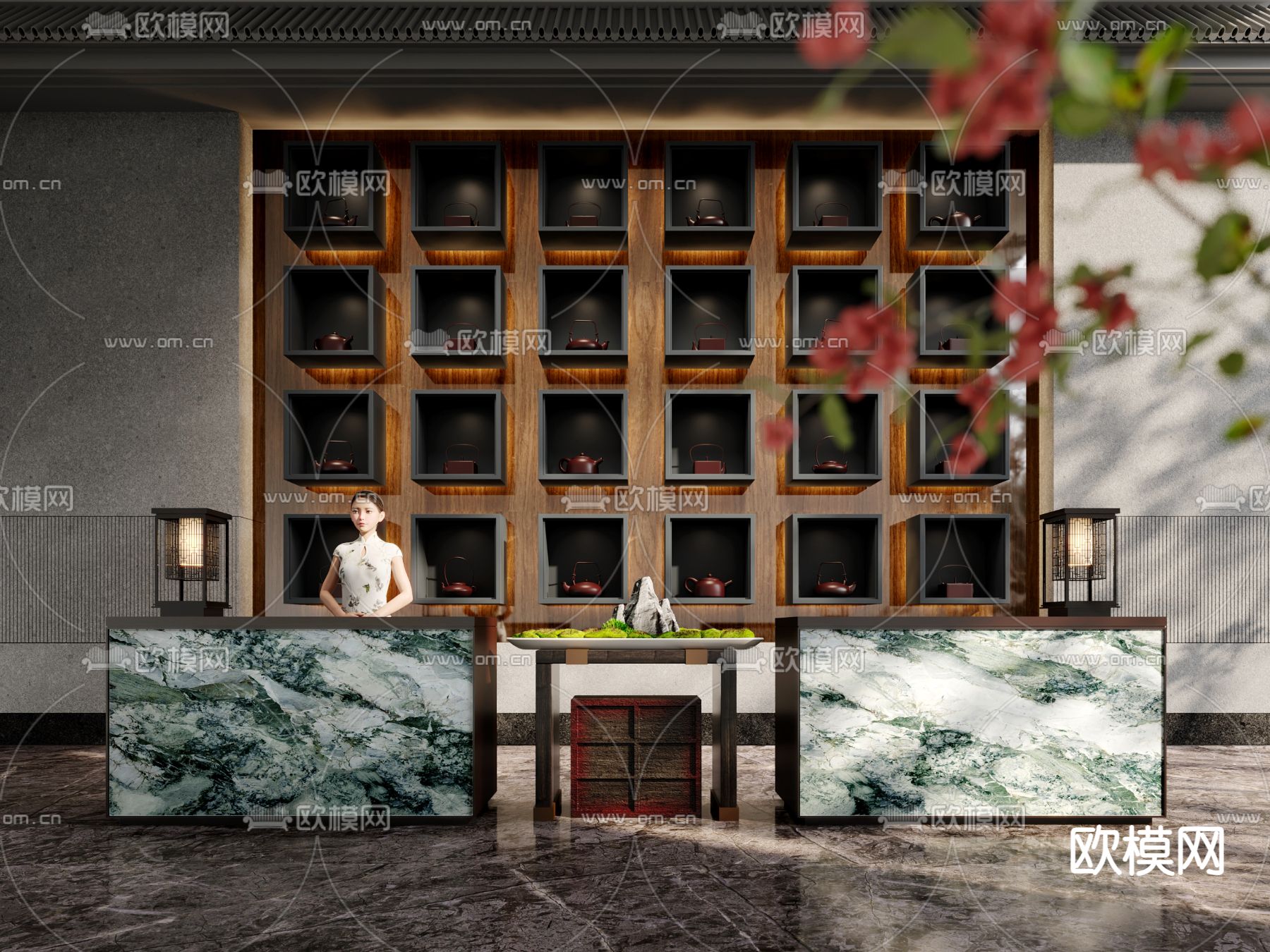 新中式接待前台 服务台su模型下载（渲染图2）