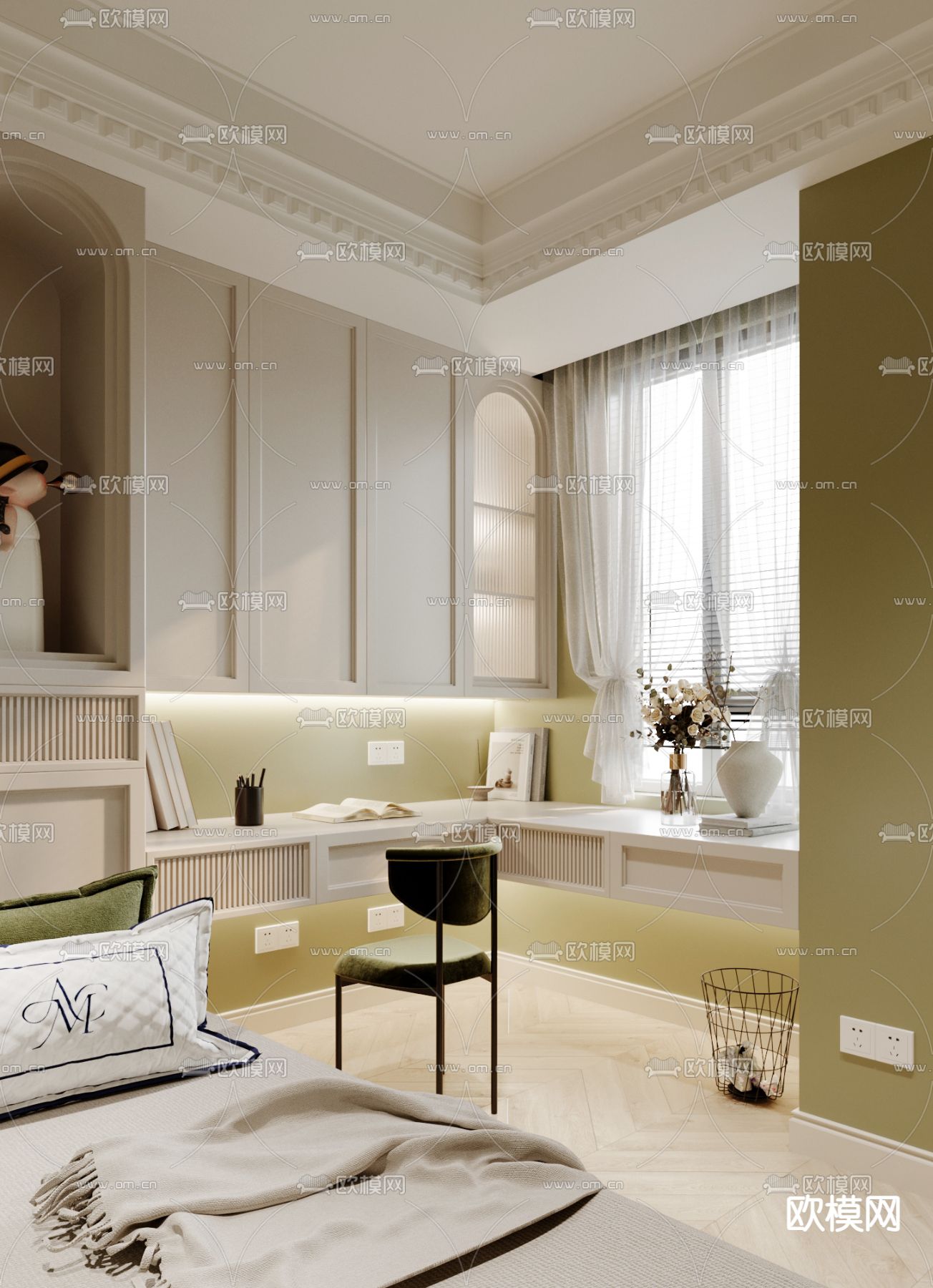 法式榻榻米卧室 书房su模型下载（渲染图2）