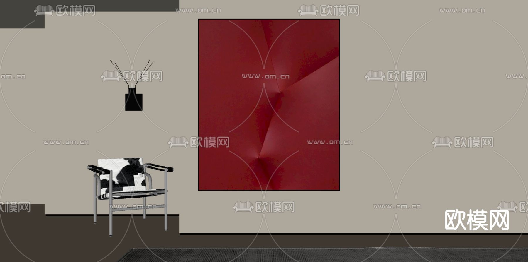现代装饰画 红色挂画su模型下载（渲染图2）