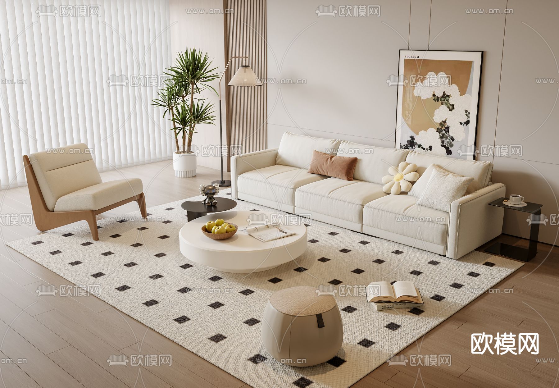 奶油风组合沙发3d模型下载