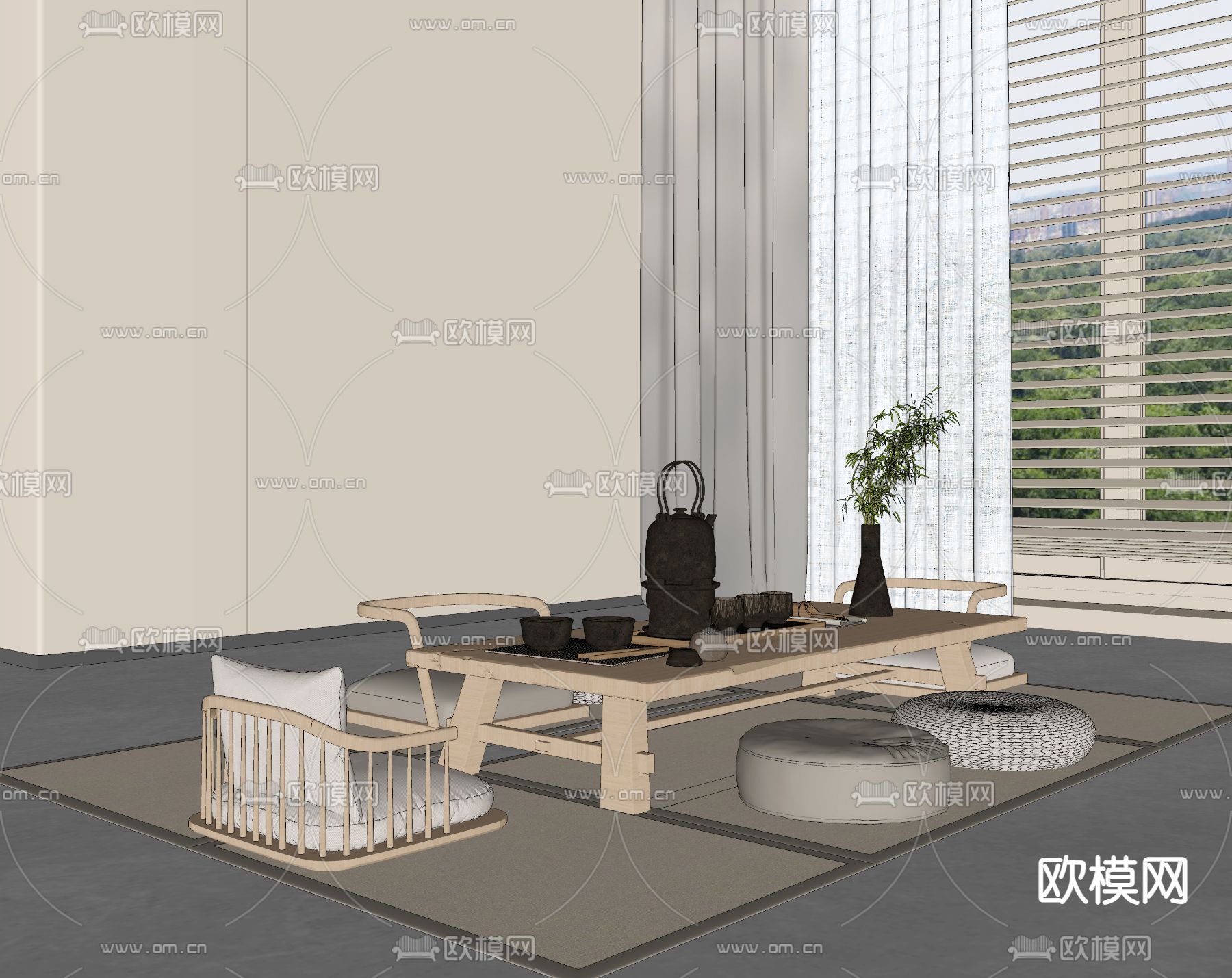 日式茶桌椅su模型下载（渲染图2）