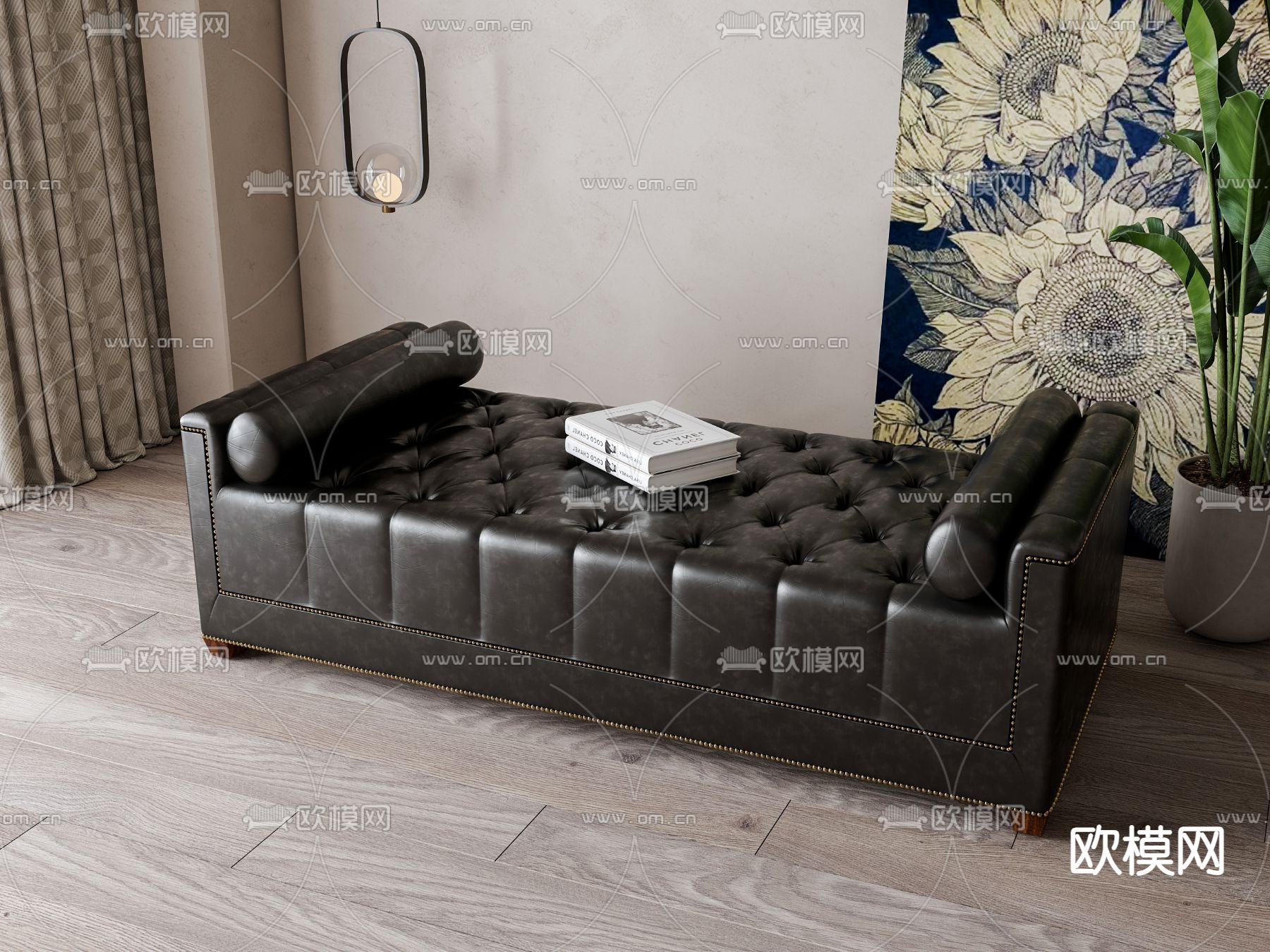 美式皮革脚踏 沙发凳su模型下载（渲染图1）