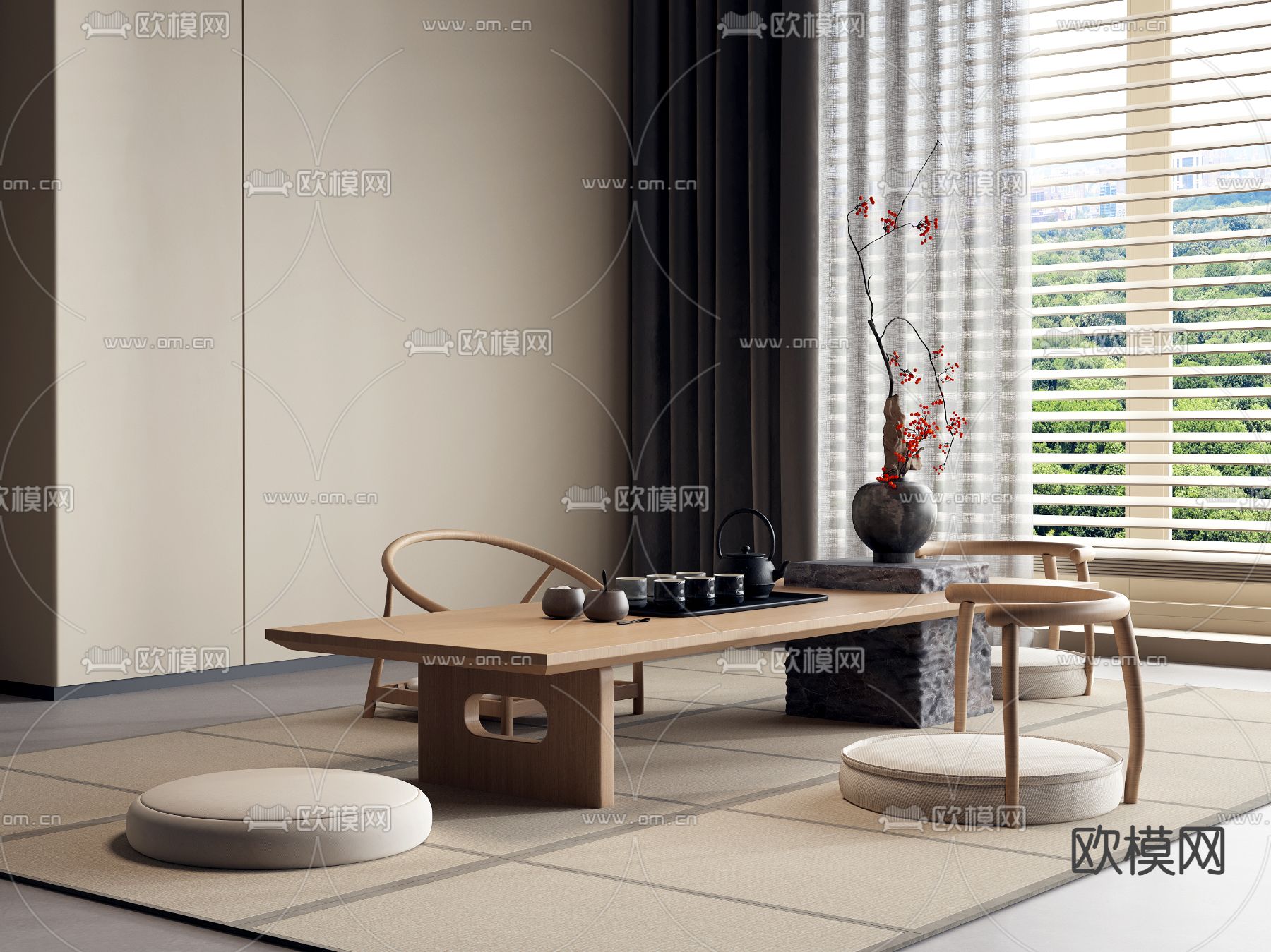 日式茶桌椅su模型下载（渲染图1）