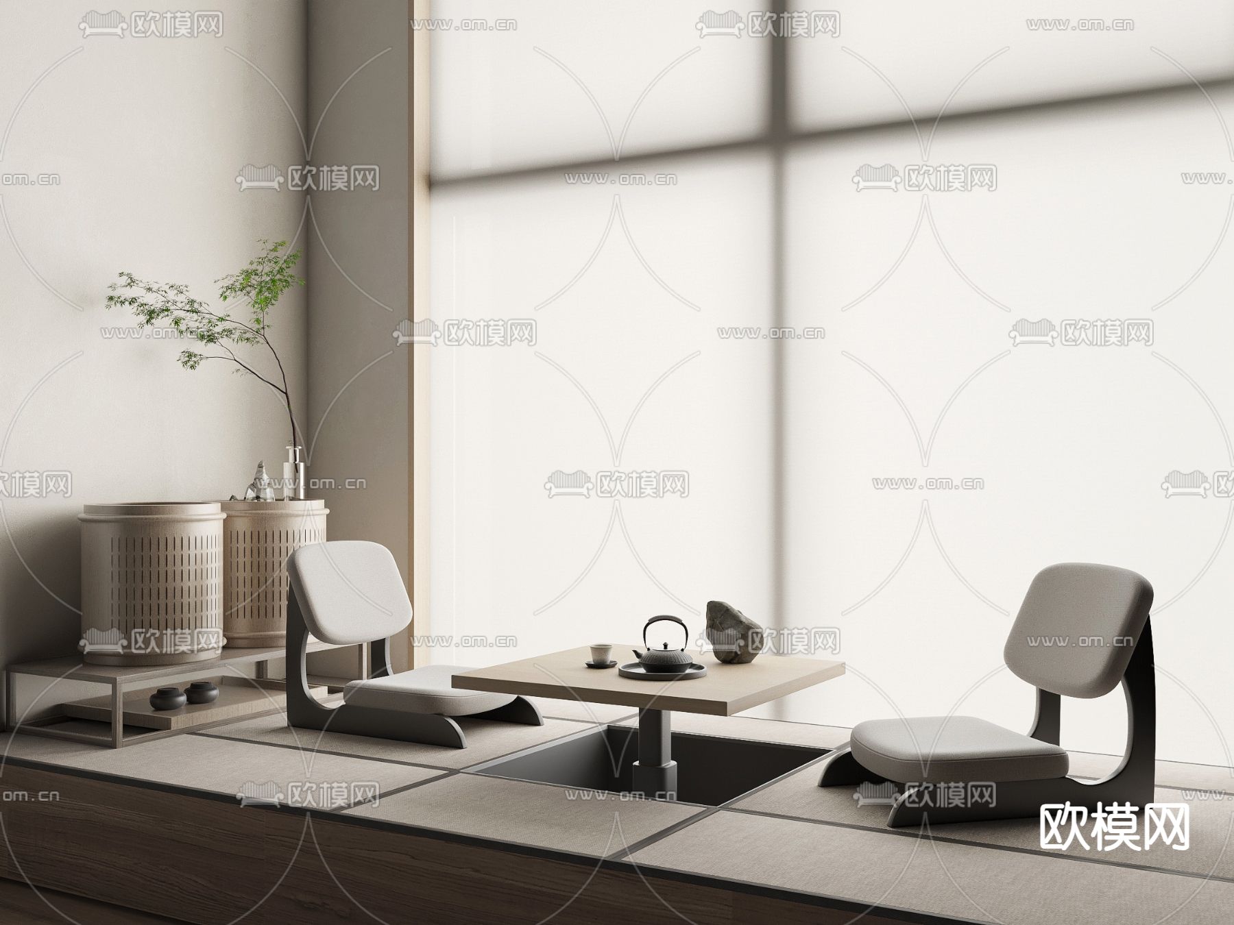 日式榻榻米茶桌椅 边柜 花艺su模型下载（渲染图2）