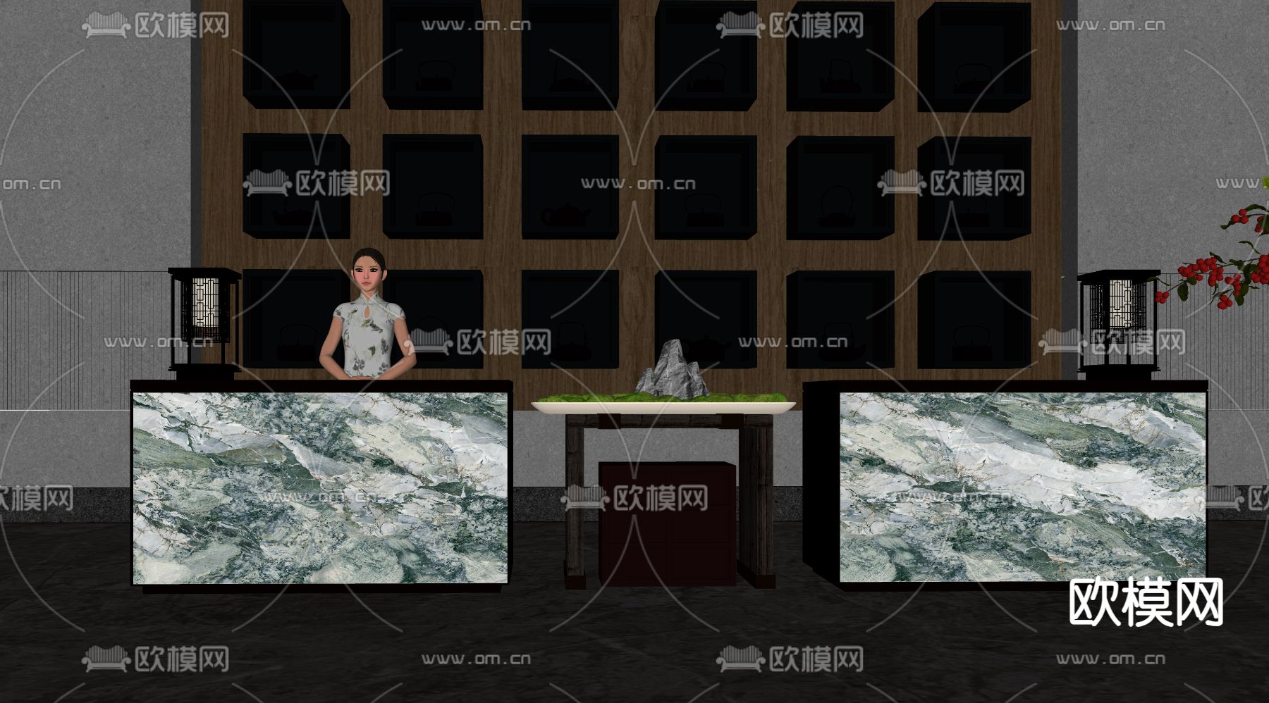 新中式接待前台 服务台su模型下载（渲染图1）