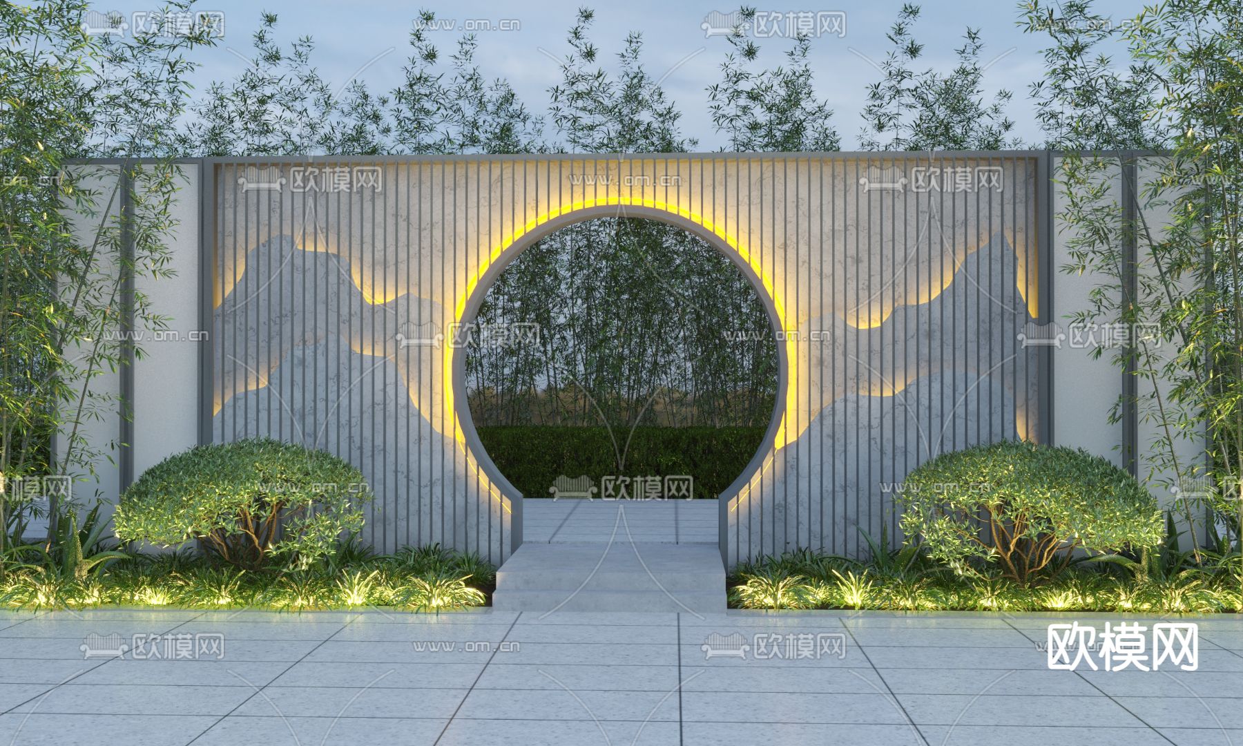 新中式景墙 格栅月亮门3d模型下载