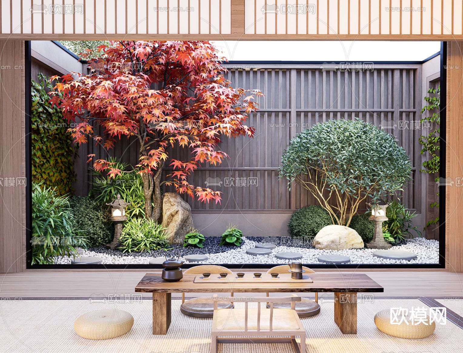 日式天井 禅意庭院 景观小品su模型下载（渲染图2）