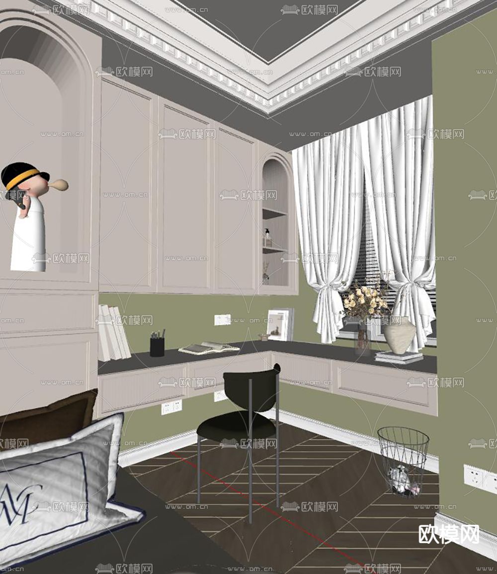 法式榻榻米卧室 书房su模型下载（渲染图3）