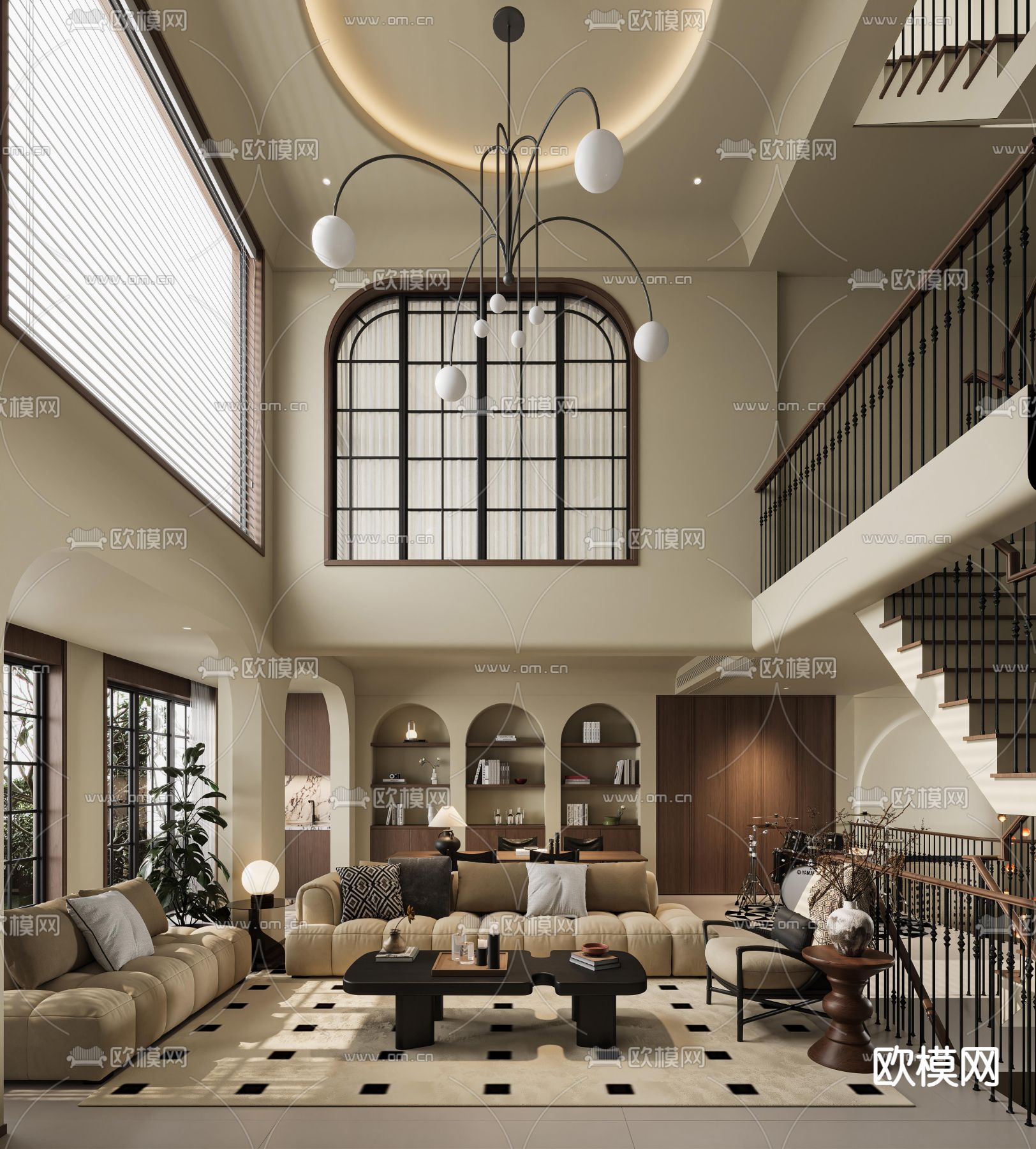 别墅客厅 别墅中空3d模型下载（渲染图1）