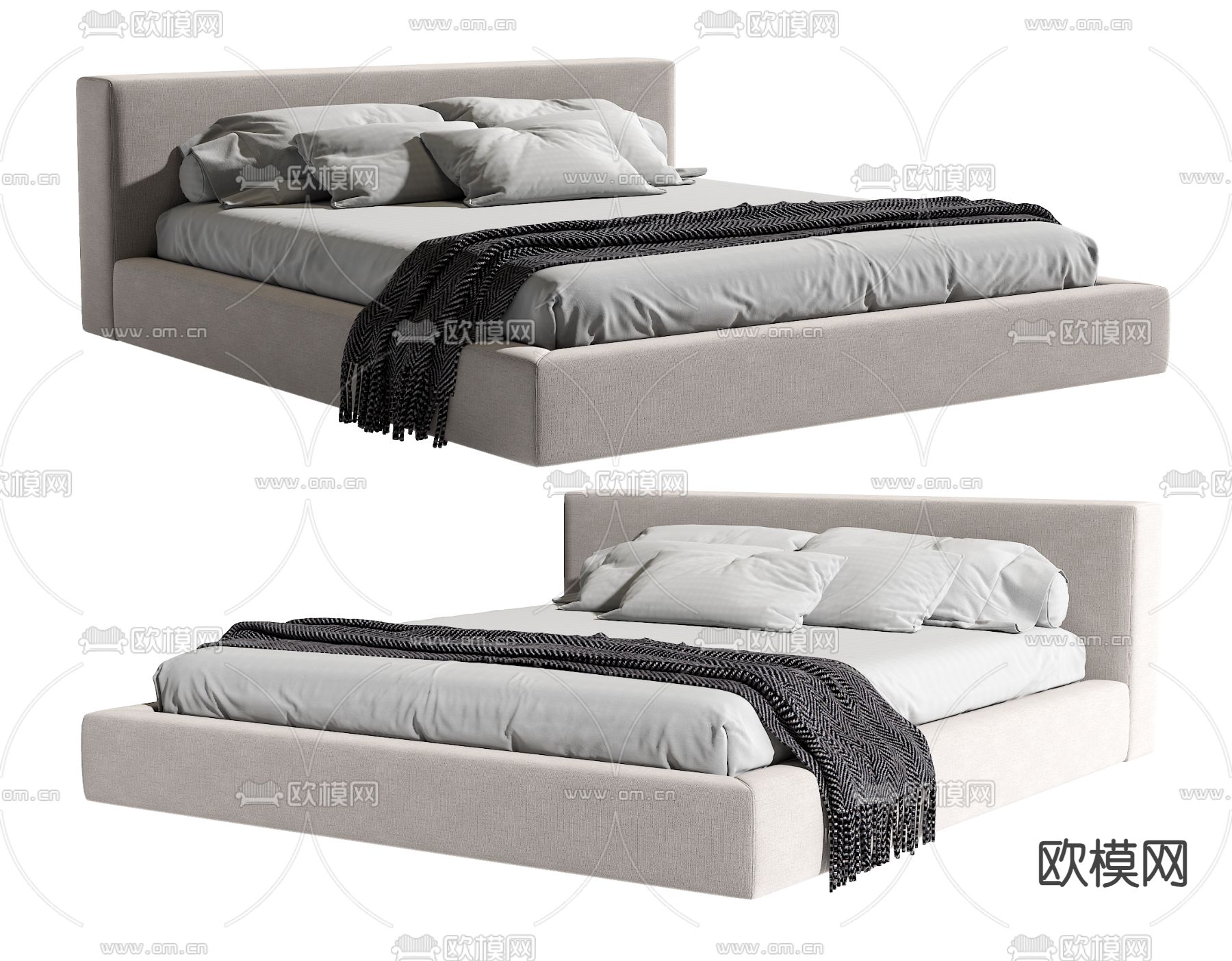 现代双人床su模型下载（渲染图2）