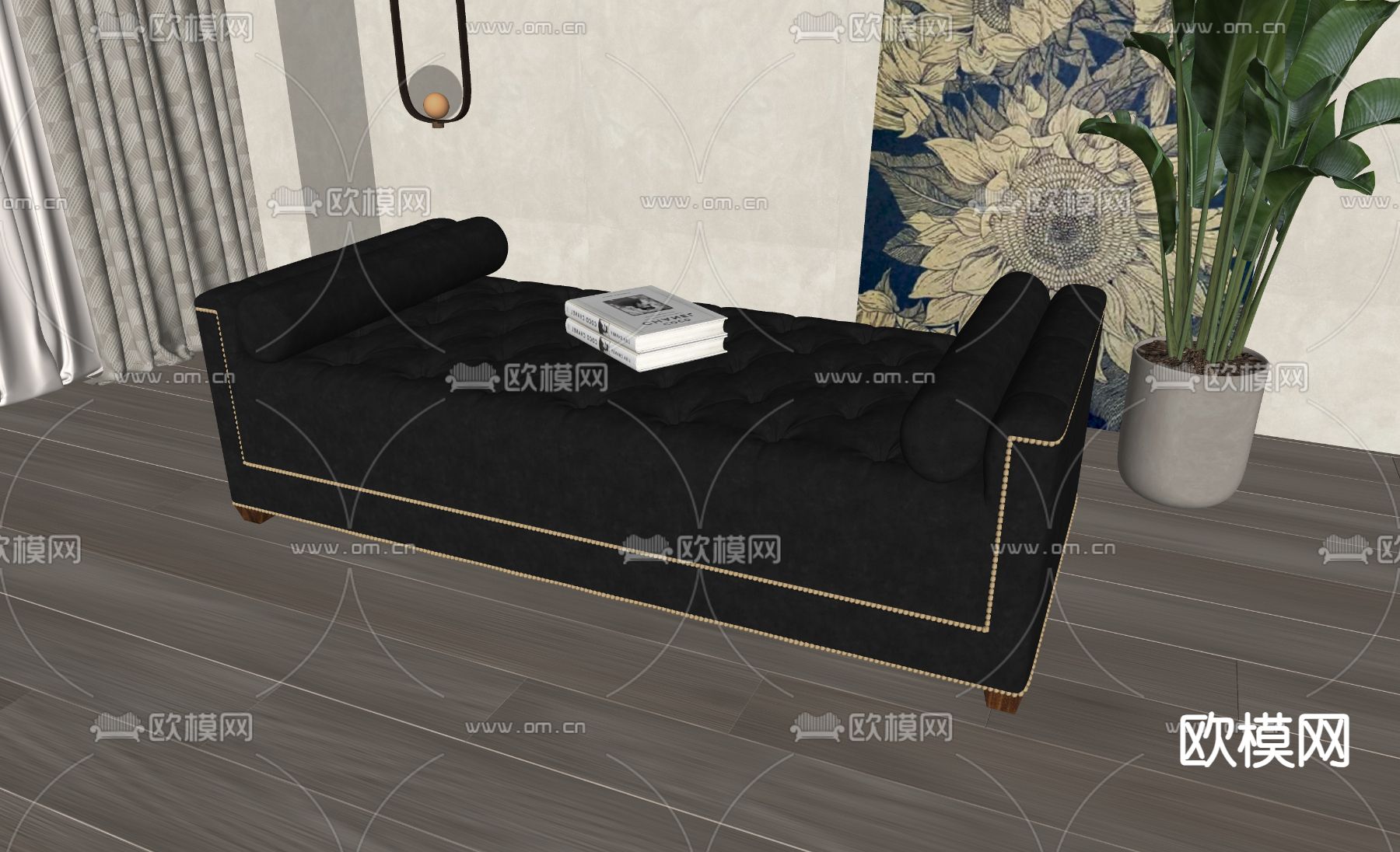 美式皮革脚踏 沙发凳su模型下载（渲染图2）