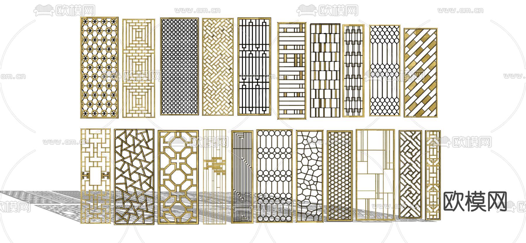 新中式铝合金屏风 格栅 镂空隔断su模型下载