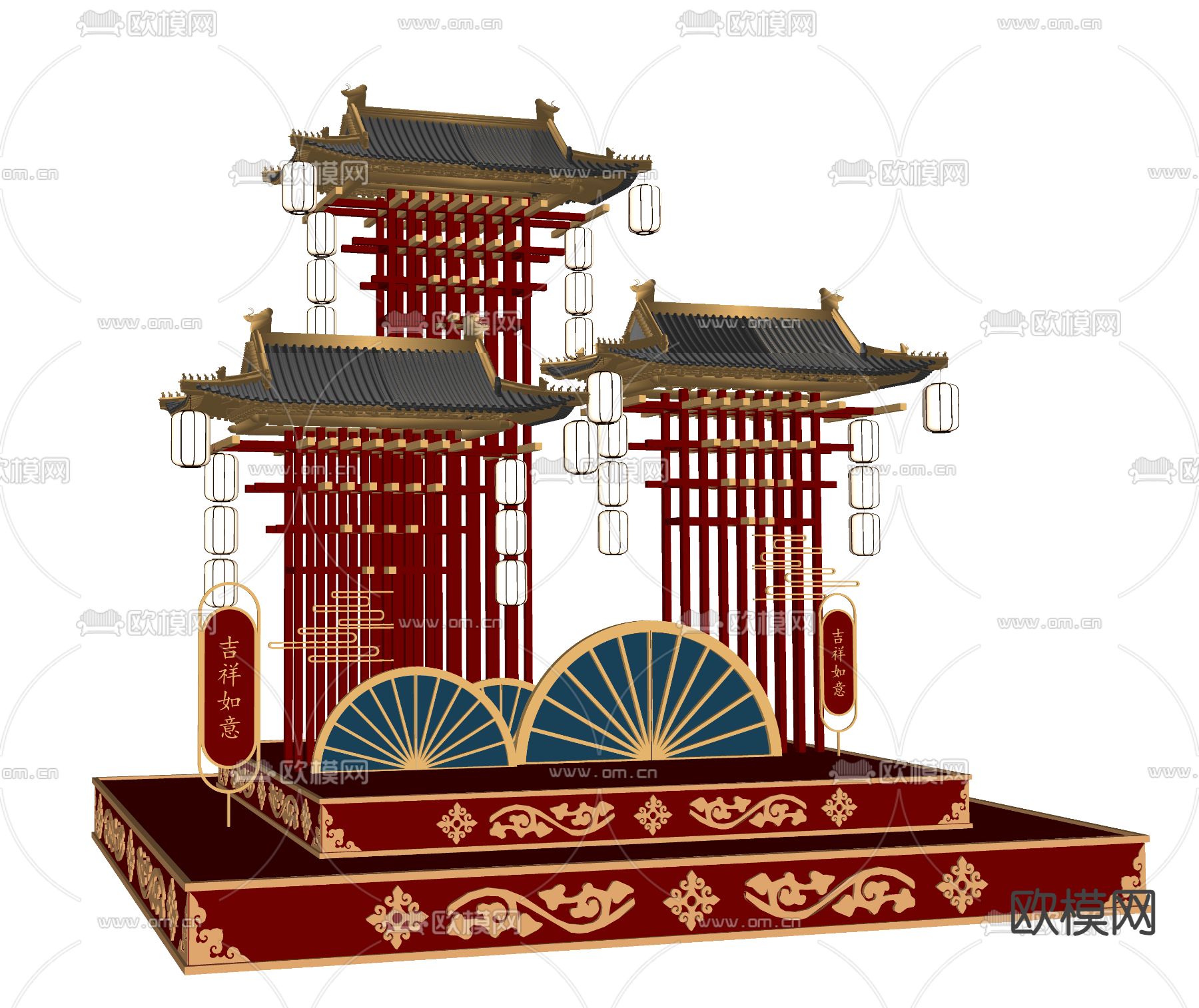 新中式网红美陈 户外装置 演绎舞台su模型下载（渲染图2）