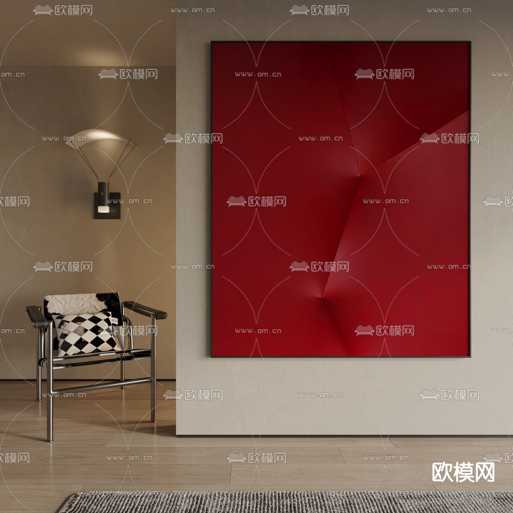 现代装饰画 红色挂画su模型下载（渲染图1）