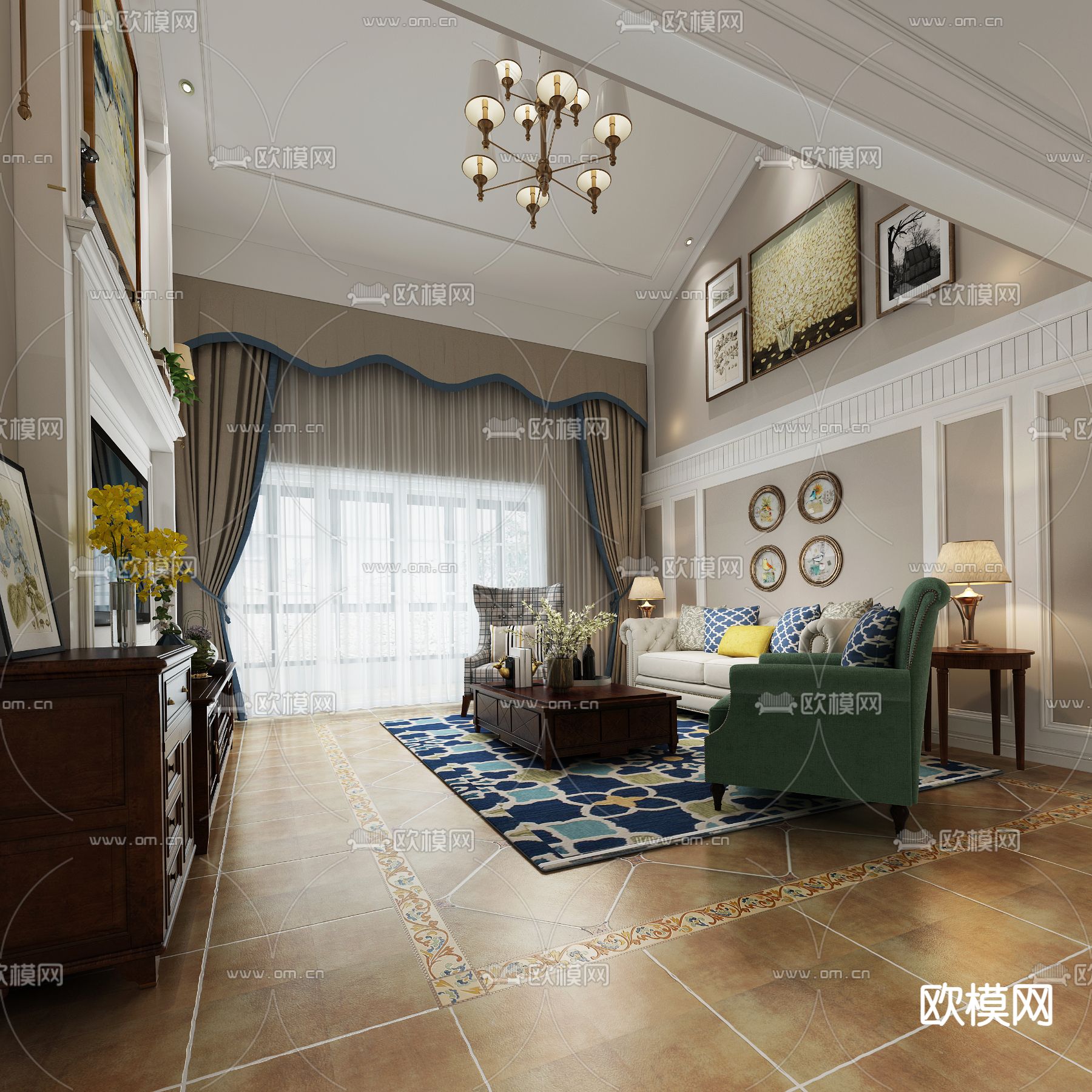 美式客餐厅 圆形餐桌3D模型下载（渲染图2）