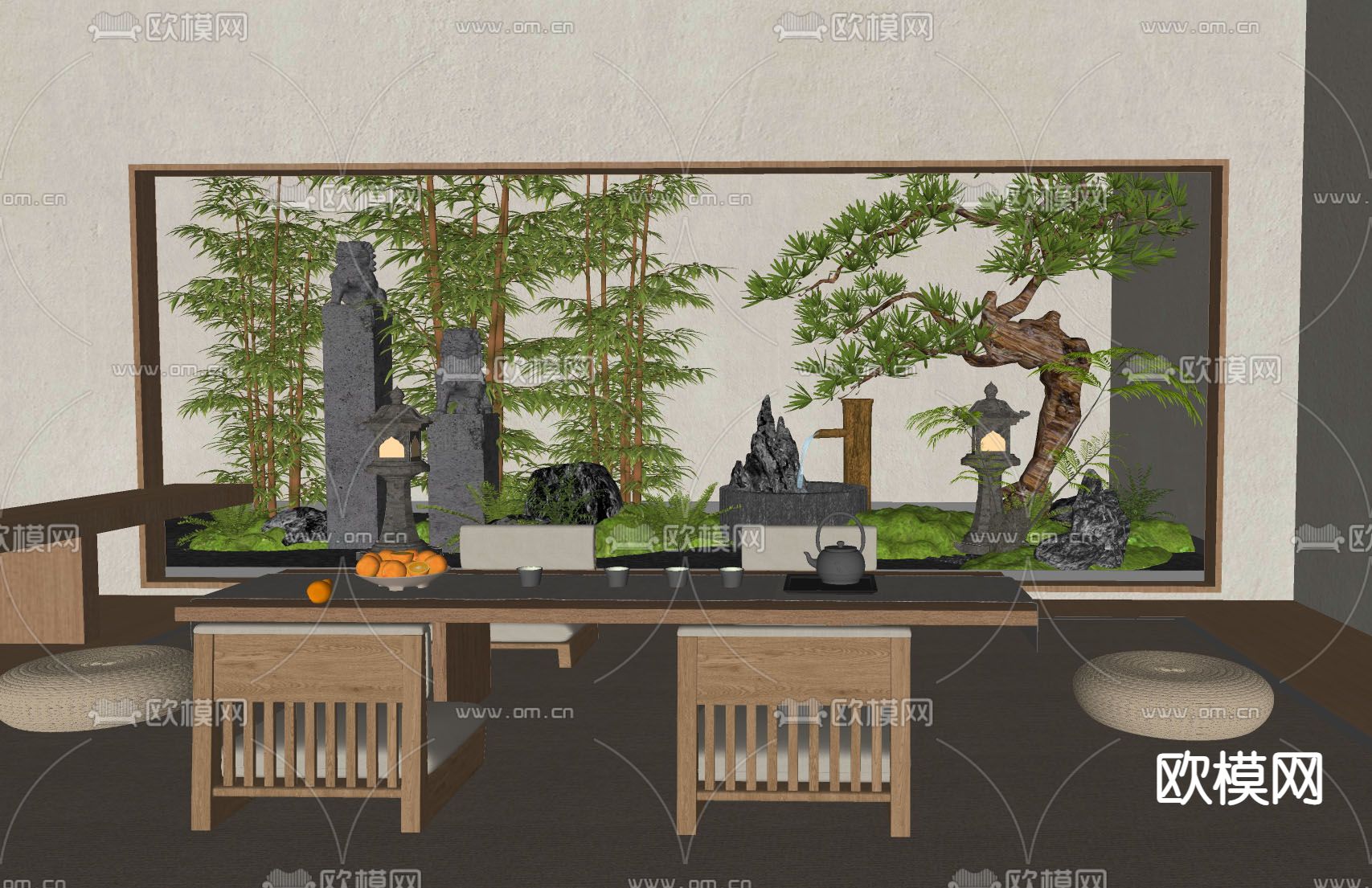 日式室内庭院小品 景观小品su模型下载（渲染图1）
