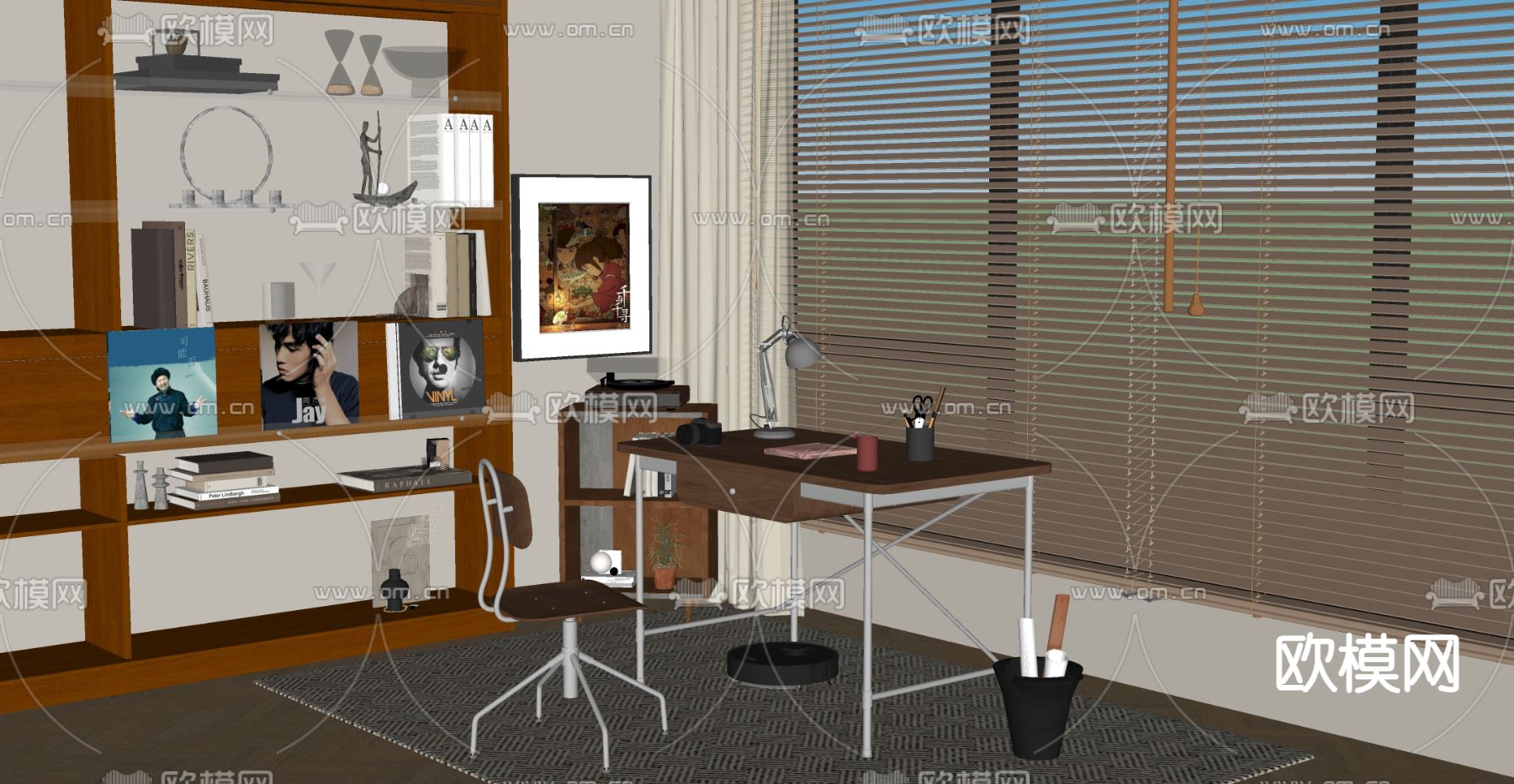 中古风书桌椅su模型下载（渲染图1）